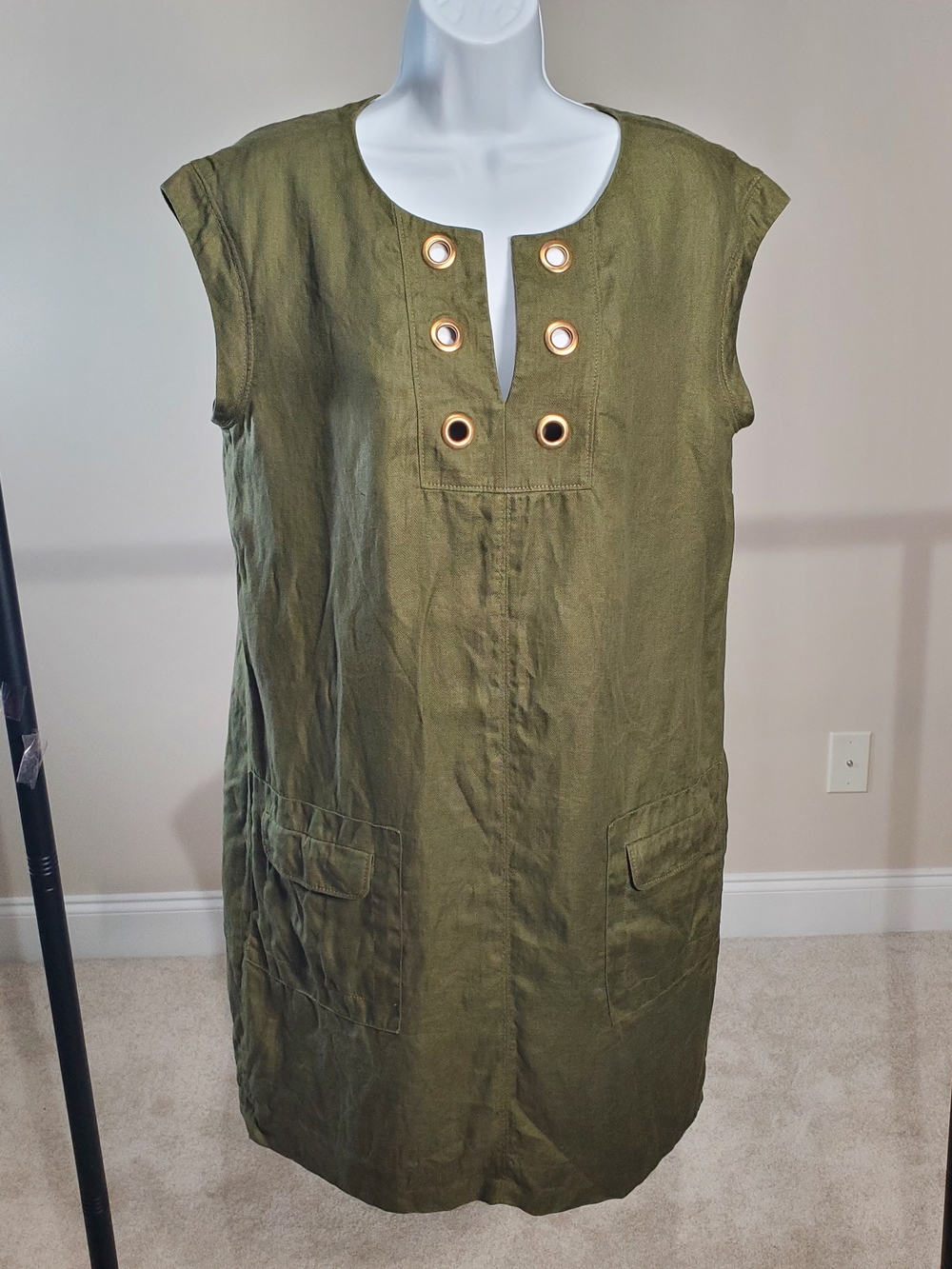 J.Crew Olive Green Linen Grommet Shift Dress Pockets Size 10